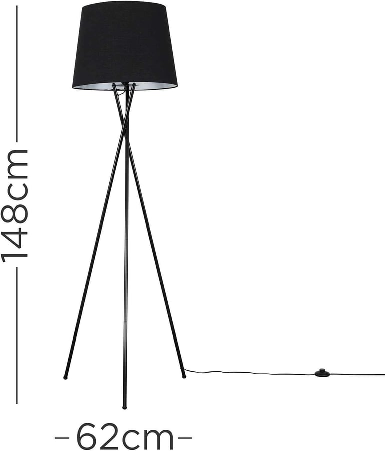 MiniSun | Modern Gloss Black Metal Floor Lamp with a Black Tapered Shade