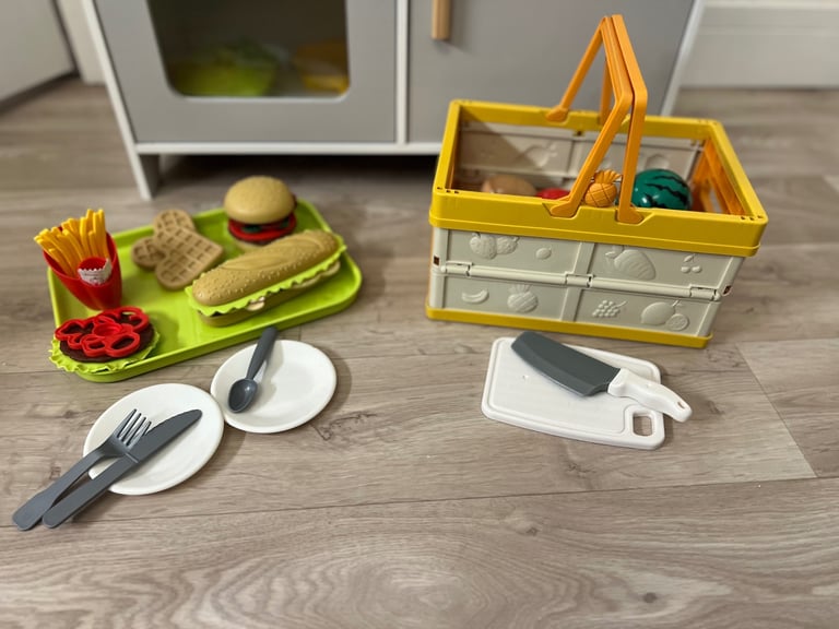 Wooden Play kitchen with cookware 