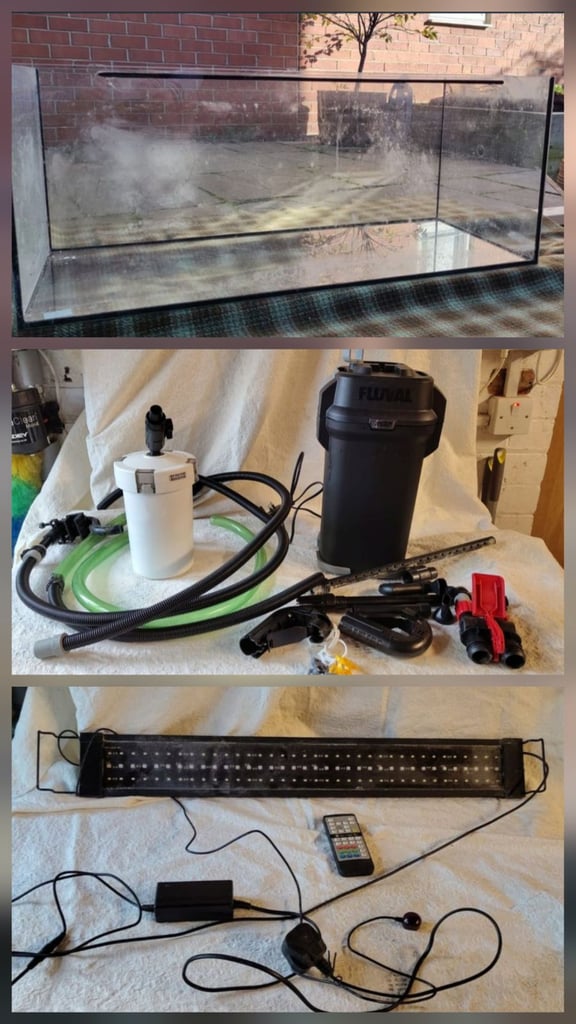 Large fish tank, with external filter, light and heater and 2 acylic sheet covers 200l.