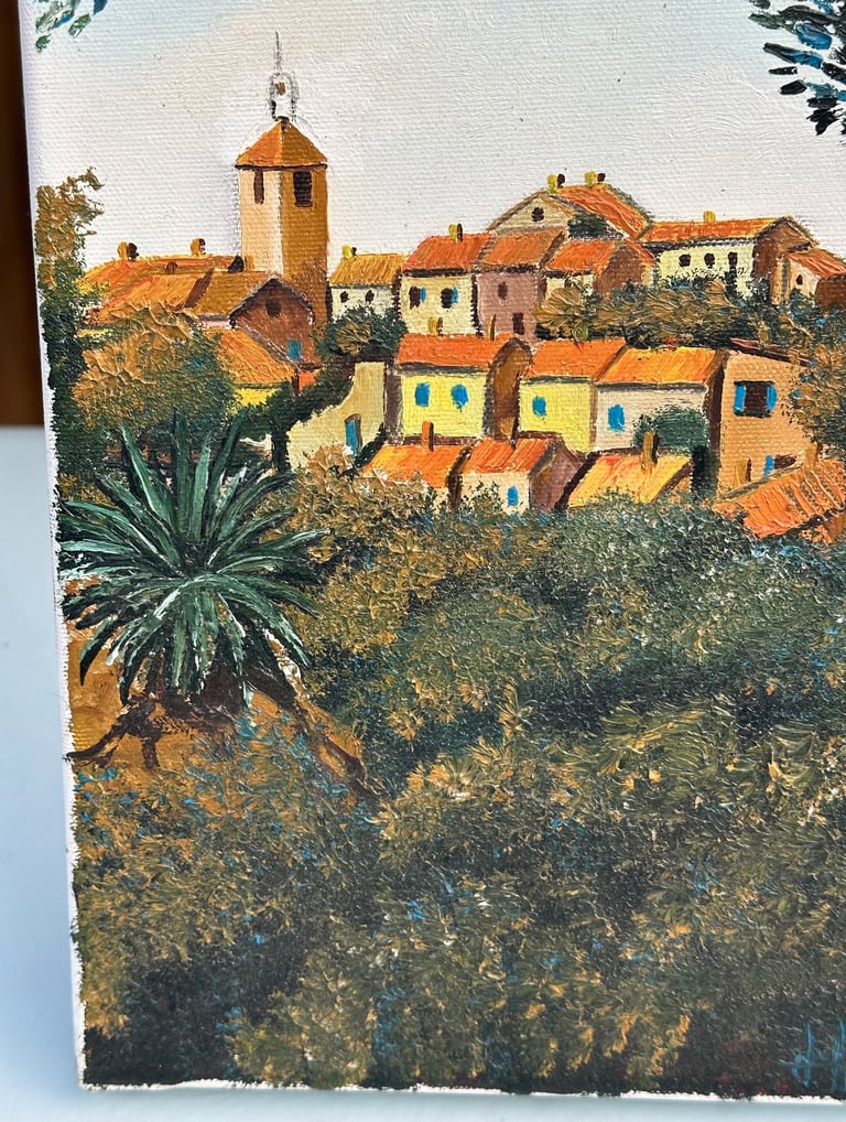 VINTAGE FRENCH OIL PAINTING, OIL ON CANVAS VILLAGE IN PROVENCE, SIGNED - 35x22cm - WILL POST!