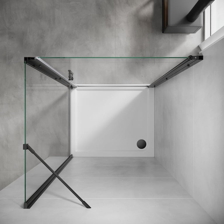 New Black Frameless Pivot Shower Enclosure + Tray 900 x 760mm RRP £485 Our Price £320