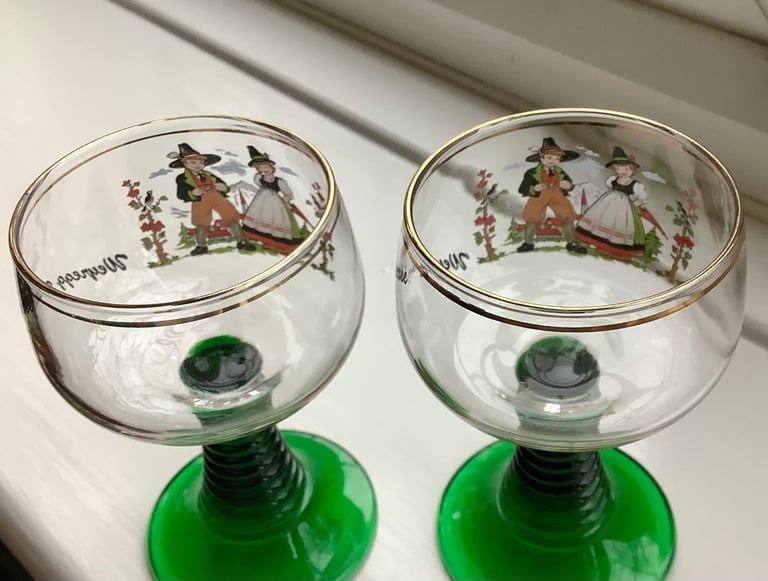Vintage Roemer Ribbed Green Stemmed Glasses, Set of Two