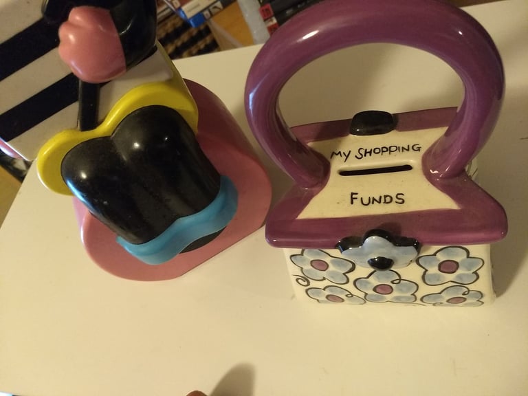 Pair of money boxes. Bassetts all sorts and ceramic handbag