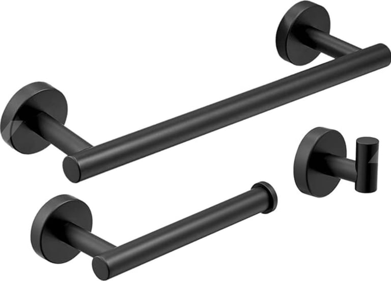 image for Black Bathroom Accessories Towel Rail Robe Hook Toilet Roll Holder, 3-Piece Set