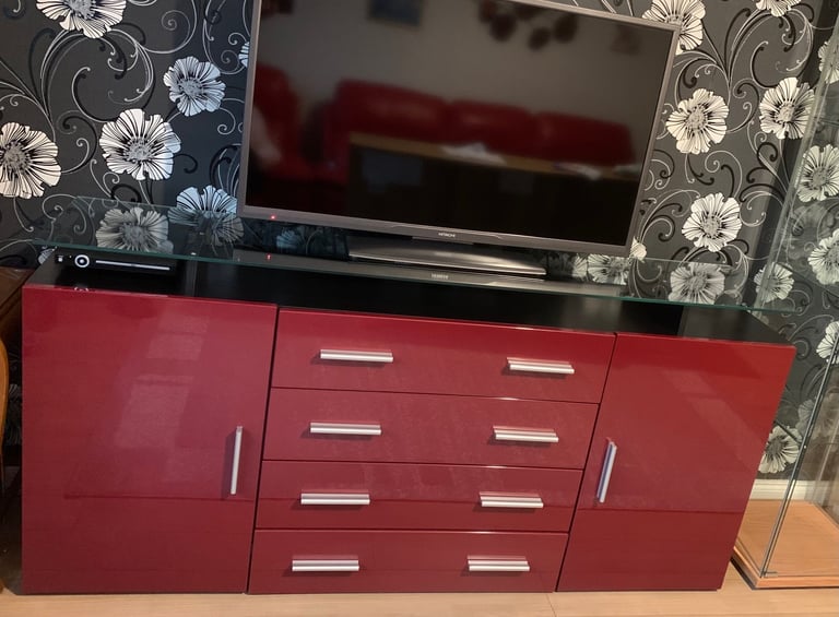 image for Red gloss / black sideboard 2 door 4 drawer  glass top shelf