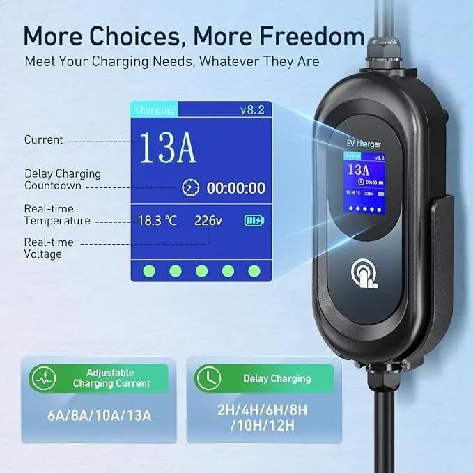 15M EV Charger Type 2 to 3 Pin, 13A Adjustable, 12 Hours Delay Timer, Touch Control, 3.3kW