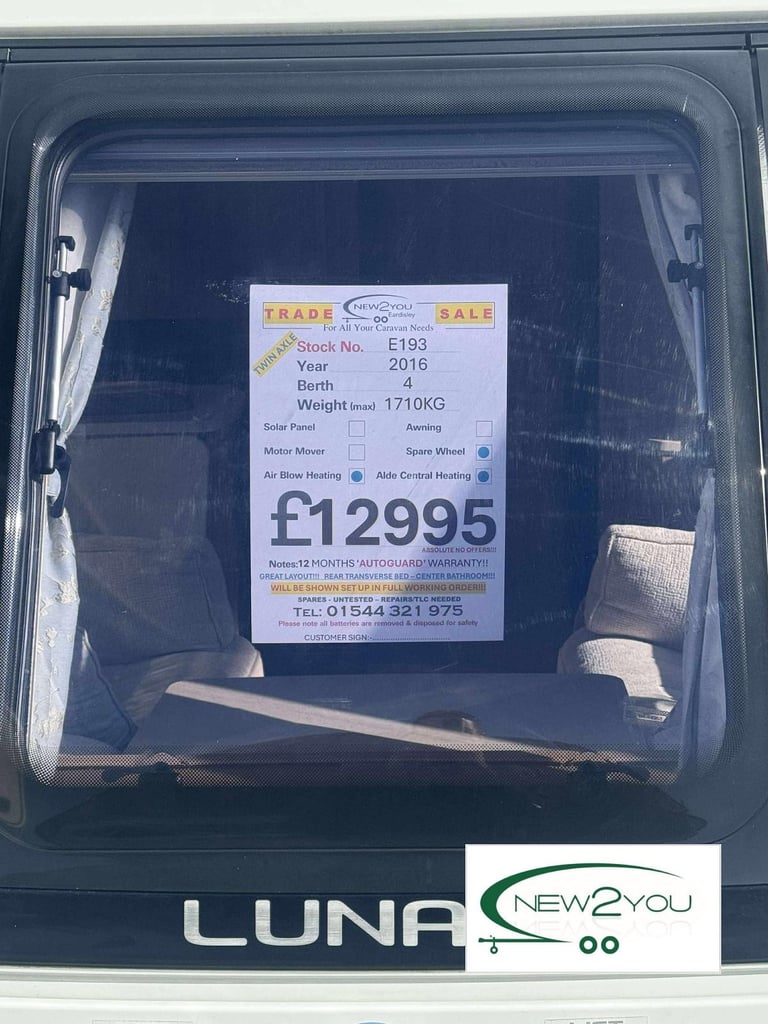 2016 Lunar Delta RI 4 Berth TRASNVERSE BED Caravan - STOCK NO E193