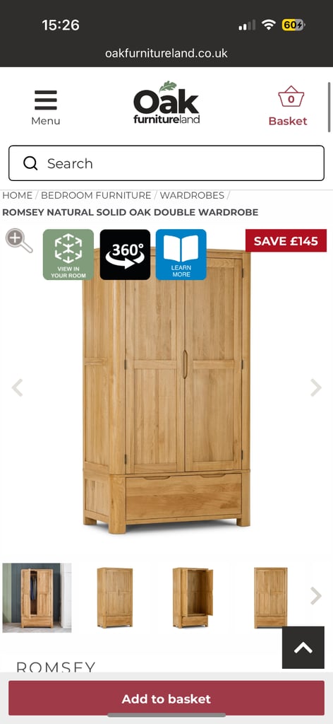 Romsey Solid oak wardrobe from oak furniture land RRP £794 Crack in front panel possible delivery