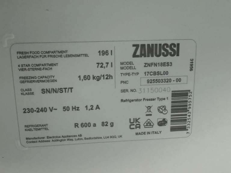 Zanussi Integrated Fridge Freezer With Free Delivery N Warranty 