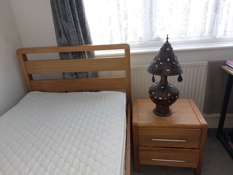 Real pine wood single bed with bedside and mattress 