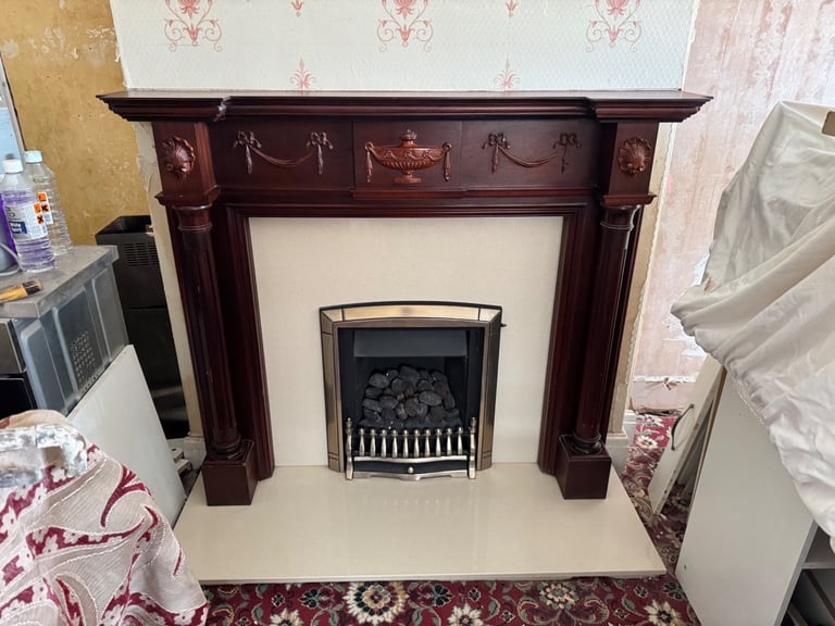 Wood fire surround marble heart and gas fire 