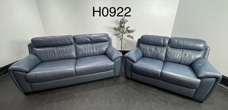 image for Blue Leather 3&2 Seater Sofas  £350 Free Local Delivery