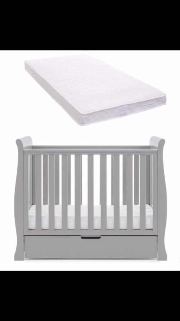 NEW Boxed baby cot Obaby Stamford space saver warm grey sleigh cot with drawer and mattress 
