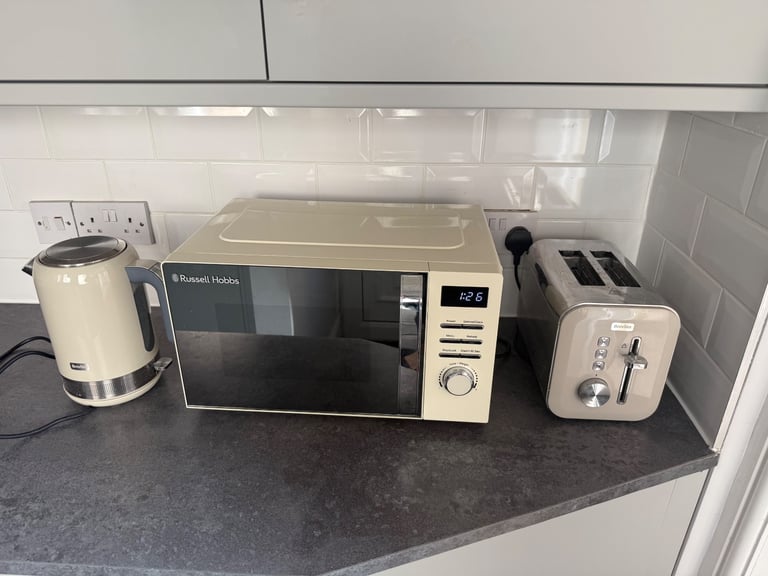 image for Russell Hobbs Microwave + Breville kettle and toaster bundle in Cream and Stainless Steel