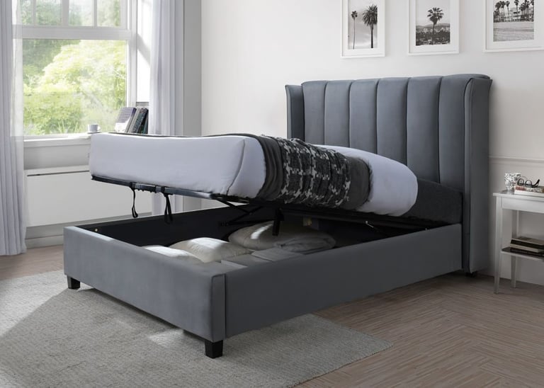 Upholstered Double Bed Ottoman Bed Frame with Storage Grey Velvet