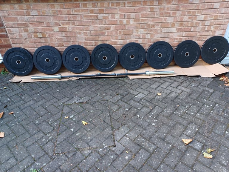 image for AGAIN FASTER OLYMPIC BUMPER WEIGHT PLATES SET & 7FT / 20KG BARBELL