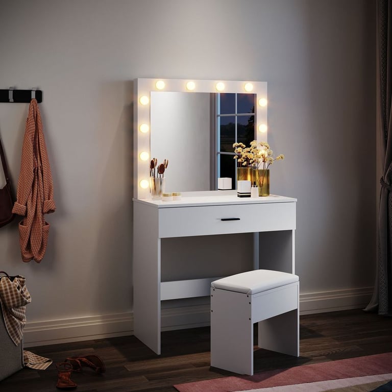 New White LED Makeup Desk + Stool and Mirror RRP £200 Our Price £115