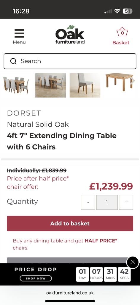 Extendable solid oak table and 6 chairs 