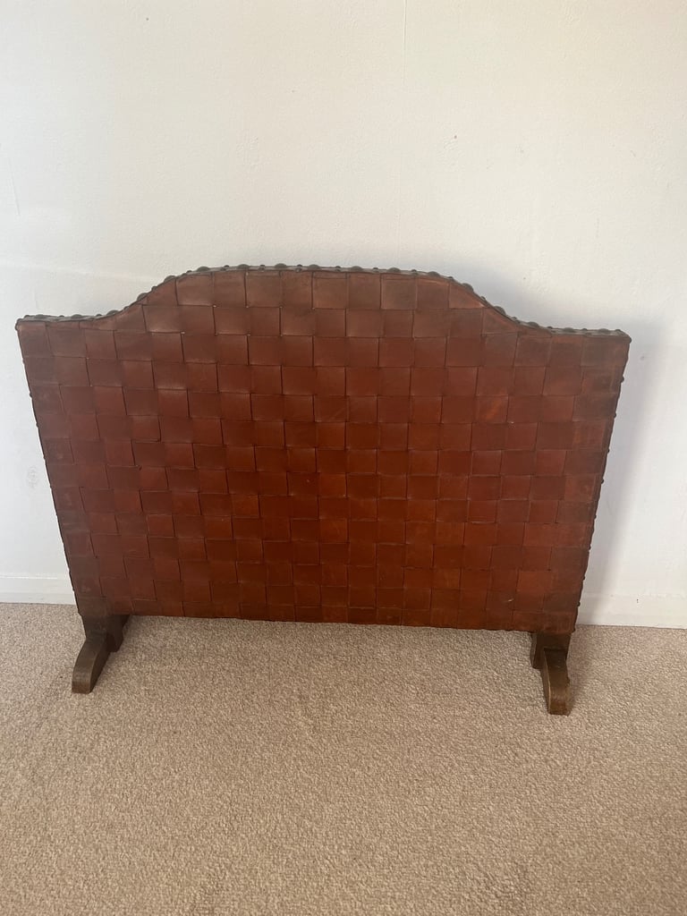 image for Arts and Crafts Oak and Woven Leather Fire Screen. 