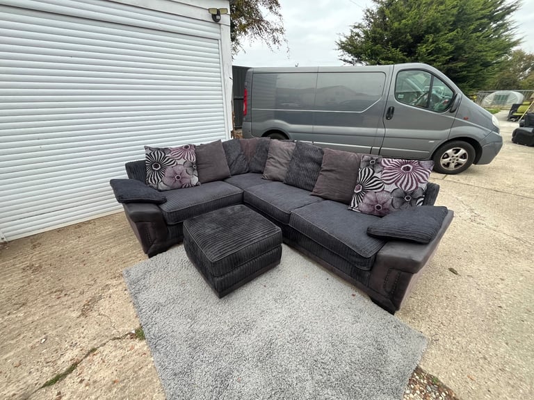 image for DELIVERY AVAILABLE - Large Black Cord Corner Sofa with Footstool 