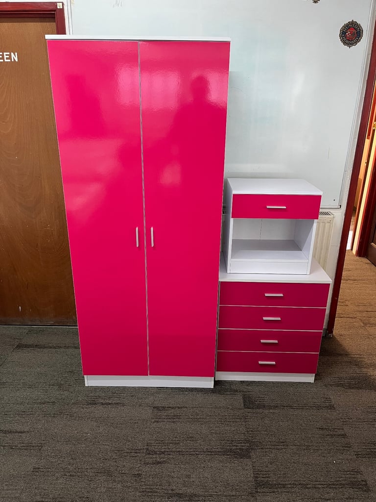 Pink & White Two Door Wardrobe Chest & Bed Side Cabinet 