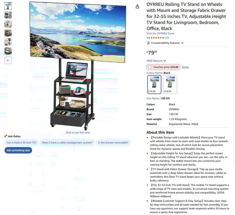 Rolling TV Stand on Wheels with Mount and Storage Drawer 32-55'' TV|| Brand new 50% off price 