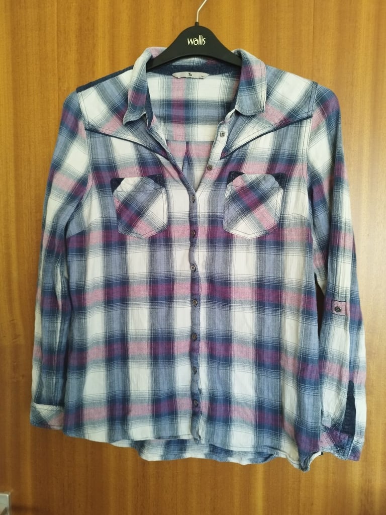 Cream, blue, purple checked shirt 14