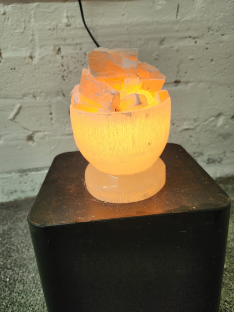 Selenite Crystal Bowl Lamp with Chunks | White & Orange