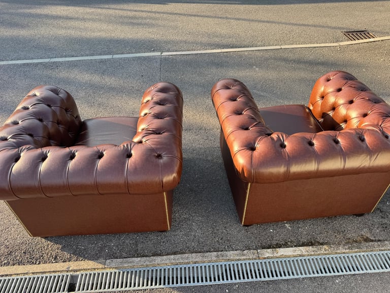 Pair of chesterfield faux brown leather club armchairs 