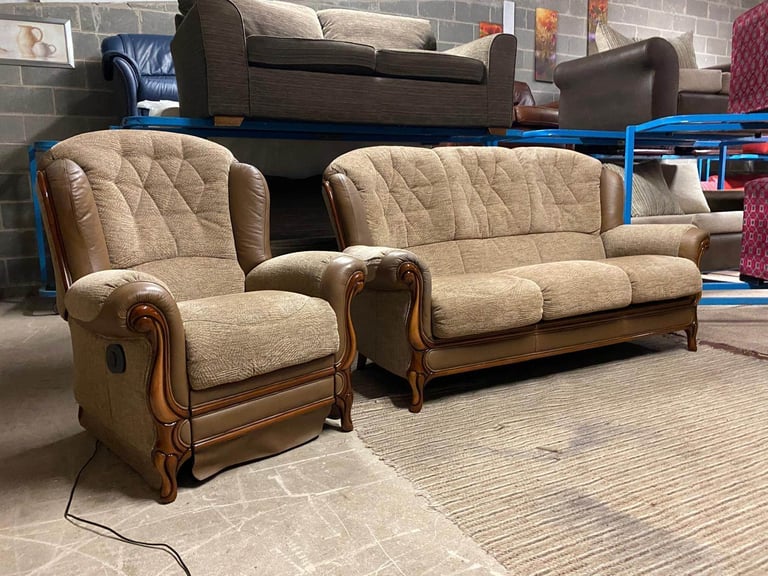 Mini Divani Brown Fabric 3 Seater Sofa and ELECTRIC RECLINER Chair 