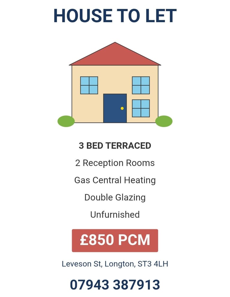 3 bed property for rent on Leveson St ST3 4LH