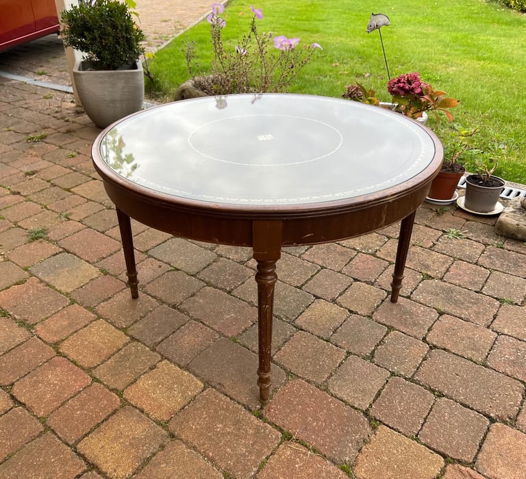 Antique Mahogany Glass Covered Leather Top Table 73cm Diameter x 45cm High