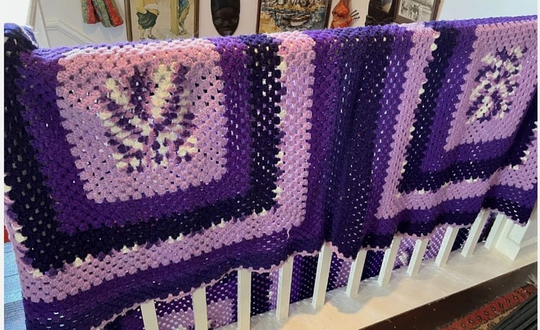 Vintage Large Hand Knitted Crochet Blanket Bedspread Throw Purple 78" x 84"
