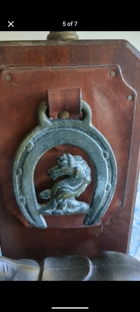 Antique 1920s/30s brass / pewter ? wood horse lamp with shade perfect for pub *open to offers*