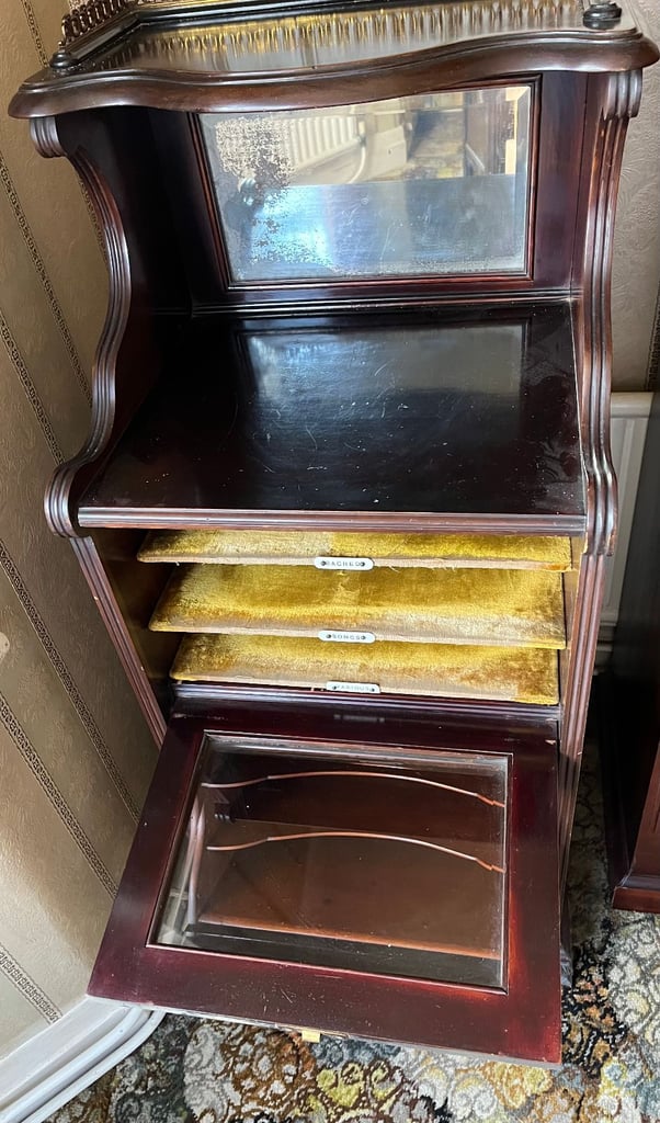 Antique Edwardian Carved Mahogany Sheet Music Cabinet with Velvet Lined Shelves