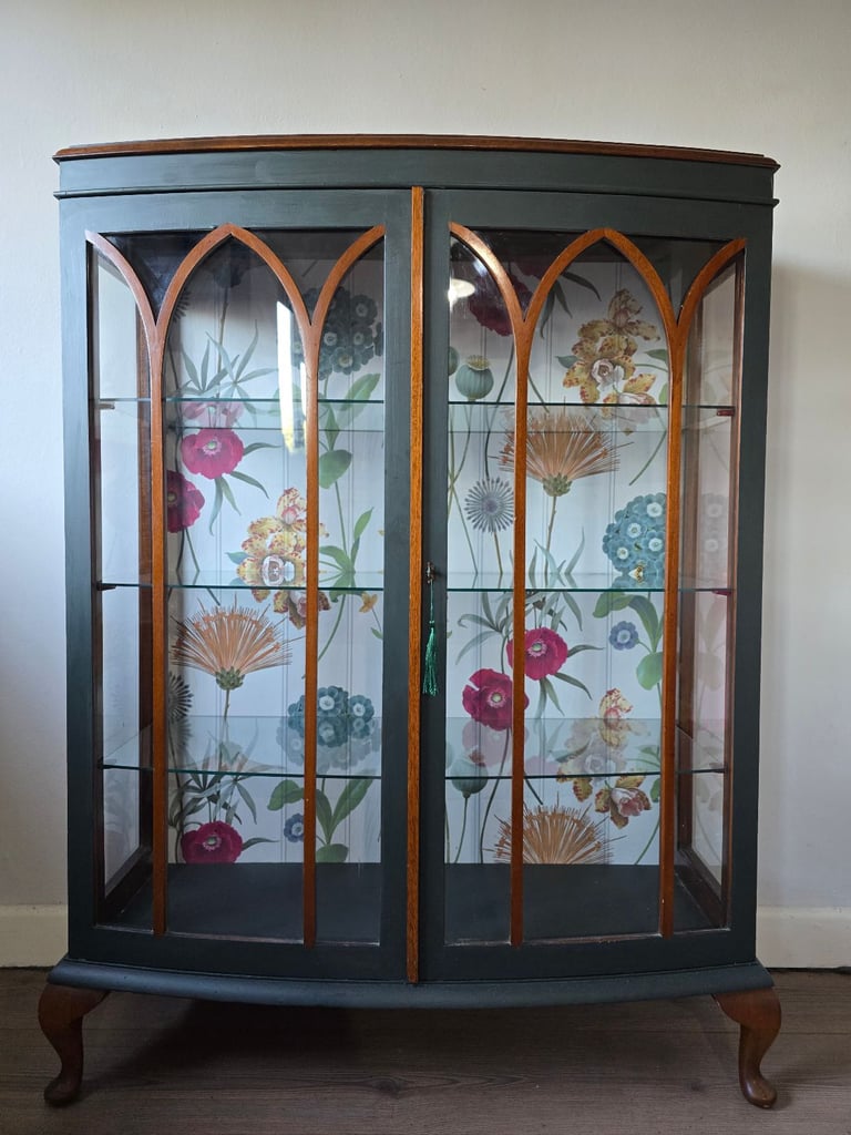 image for REFURBISHED  XL Antique Drinks Cabinet Cocktail Display Glass Wildflowers - Possible Local Delivery