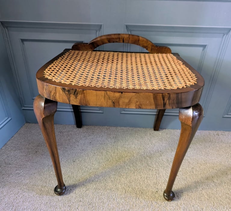 Art deco burr walnut veneer dressing table stool with cane seat 