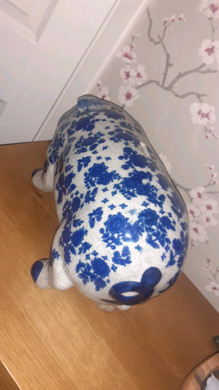 Vintage Large Piggy Bank Blue and white 