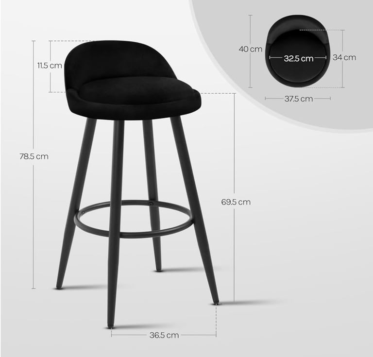 Bar Stools, Set of 2, Velvet, Black (Brand New)