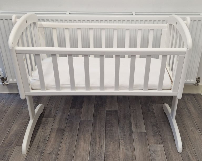 White Birch John Lewis Anna Swinging Crib Newborn Baby Wooden Cot + Mattress + Sheets