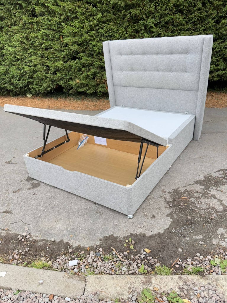 Double Ottoman Storage Bed with Winged Headboard & Mattress