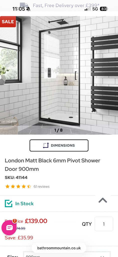 image for 900mm black shower tray and pivot door