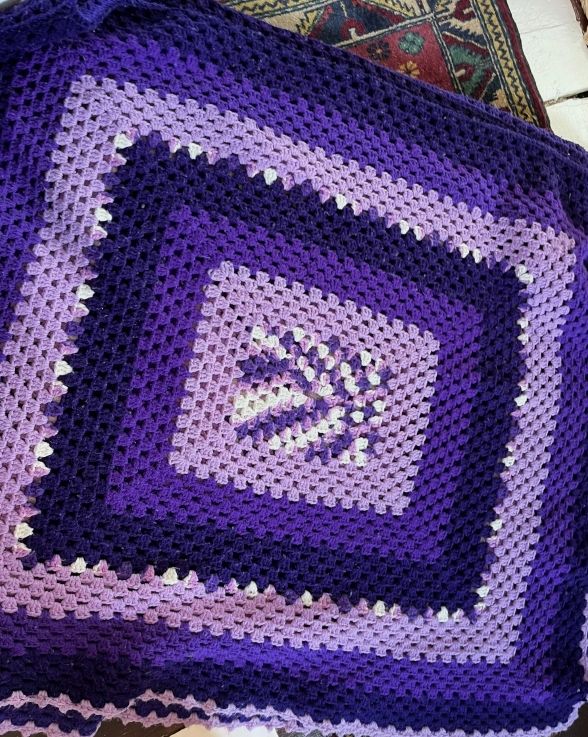 Vintage Large Hand Knitted Crochet Blanket Bedspread Throw Purple 78" x 84"