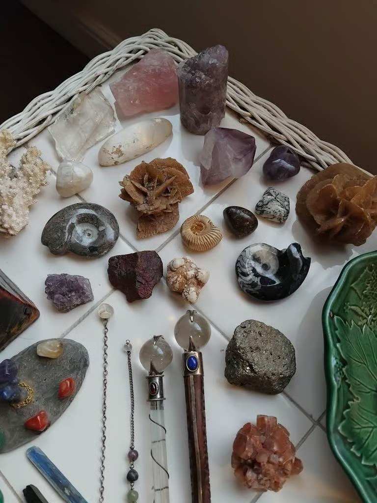 A Large Amount of Crystals, Some Natural, and Tumblestones, 2 Crystal Wands, and 2 Crystal Pendulums