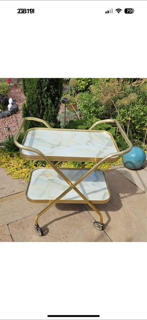 Vintage Retro Folding Cocktail Drinks Tea Hostess Trolley 2 Tier Gold Marble