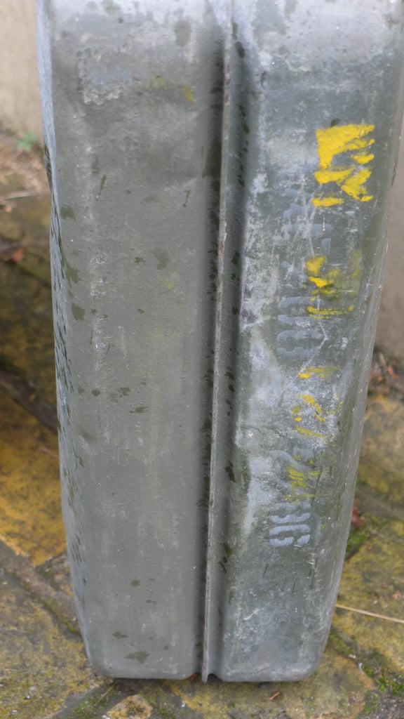 TWO LARGE VINTAGE HEAVY DUTY METAL JERRY CANS. FUEL STORAGE. FUEL CARRYING CANS. 20 Litres.