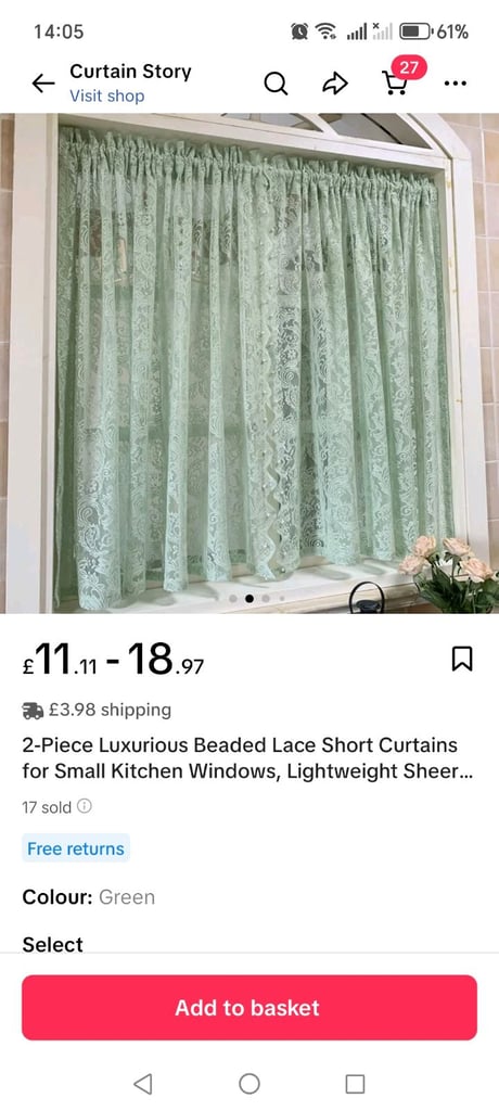 Curtains for kitchen window Green lace style curtains 130cm x 100cm (x two panels) 