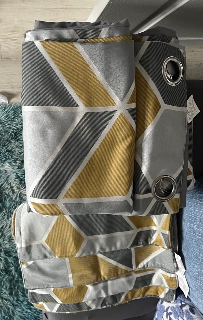 Grey / Silver / Mustard Geometric curtains cushion covers and throws
