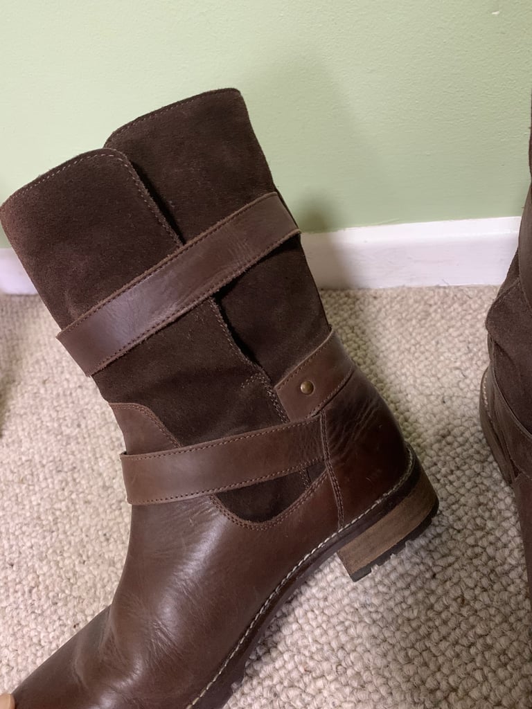 Fat Face Chocolate Brown Genuine Leather & Suede Biker Boots Size 7 / EU 40