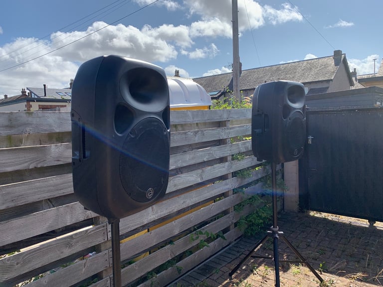 Wharfedale Pro Titan 15A active PA speakers, with stands, cables and covers